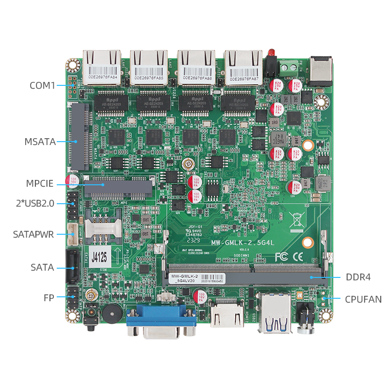 J4125 mini industrial control small motherboard 4*2.5G network port NUC 4K vision machine